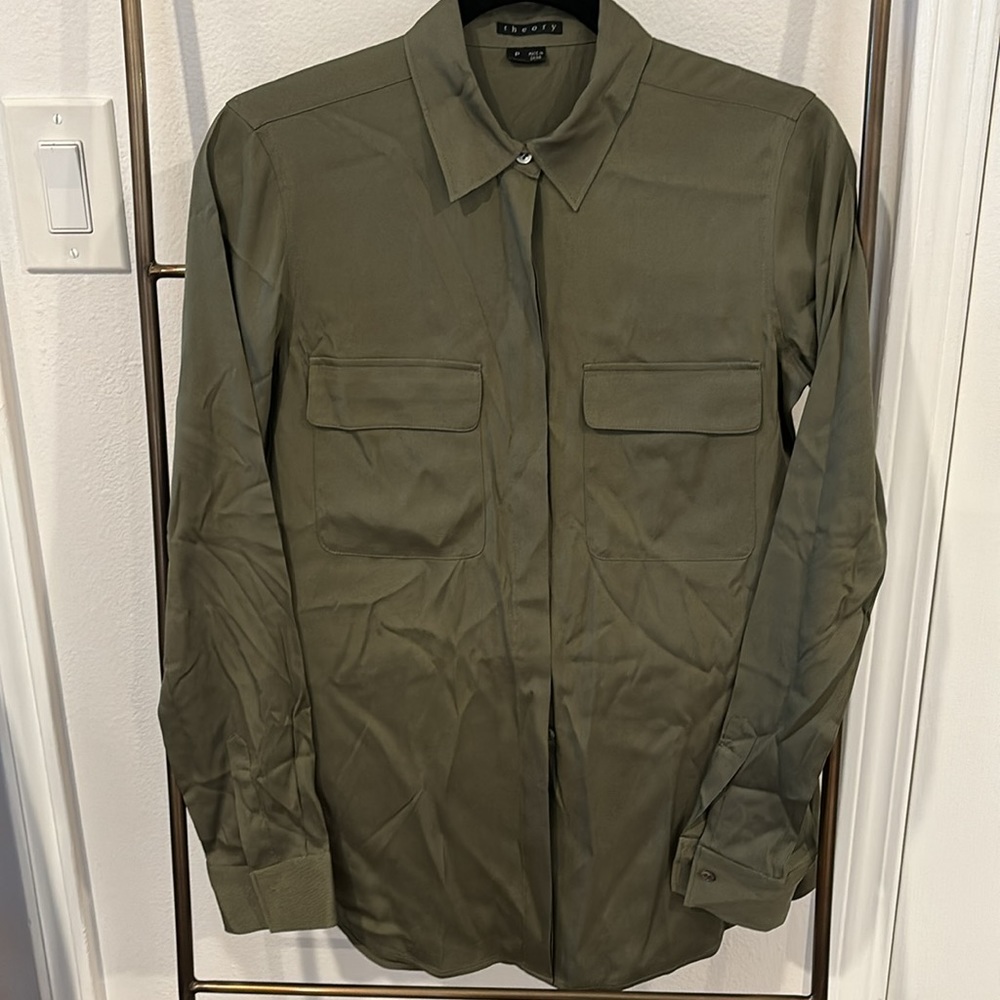 Theory Silk Blouse Olive Green